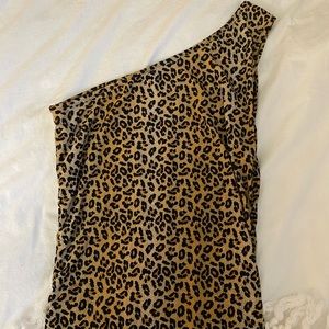 Vintage Retro Y2K Brown Tan Black One Shoulder Fitted Cocktail Dress w/ ruching